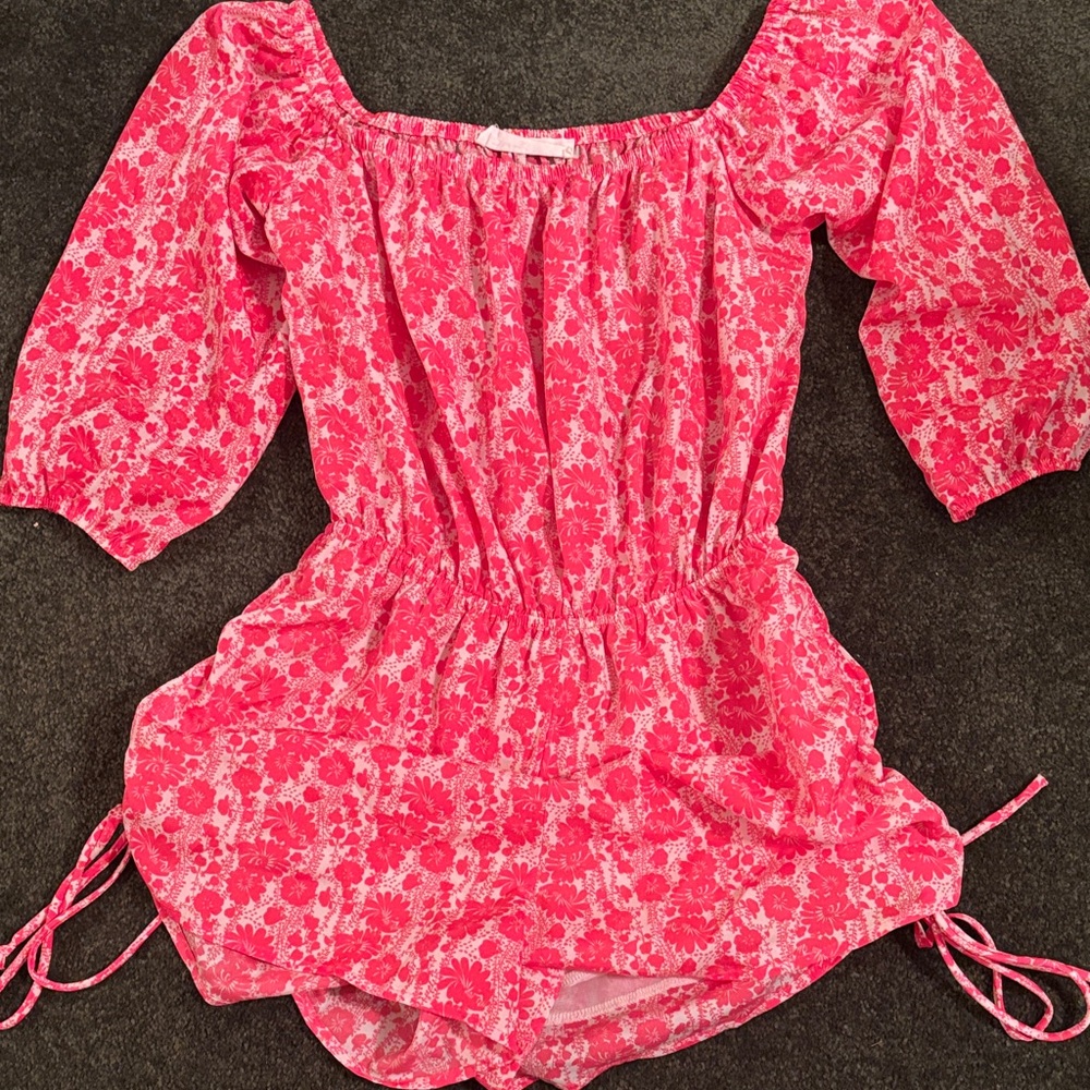 Women’s Pink Floral One-Piece Romper - Elastic Waist, Puff Sleeves